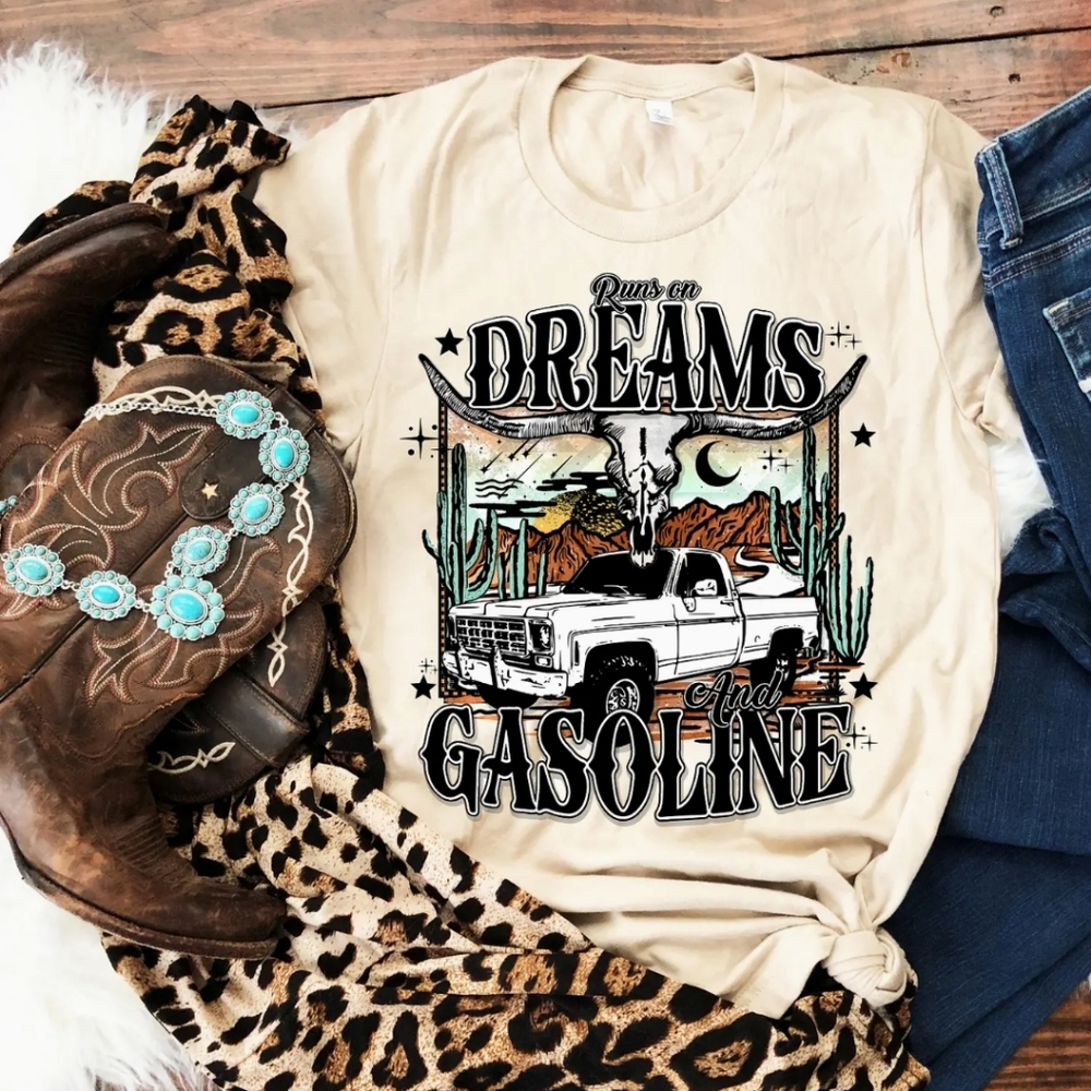 Runs On Dreams And Gasoline Graphic Bella Canvas Cream Tee Country Music Xl